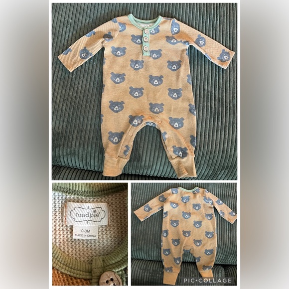 Mud Pie Tan Bear Print One Piece Baby Boys 0-3m - Picture 1 of 1